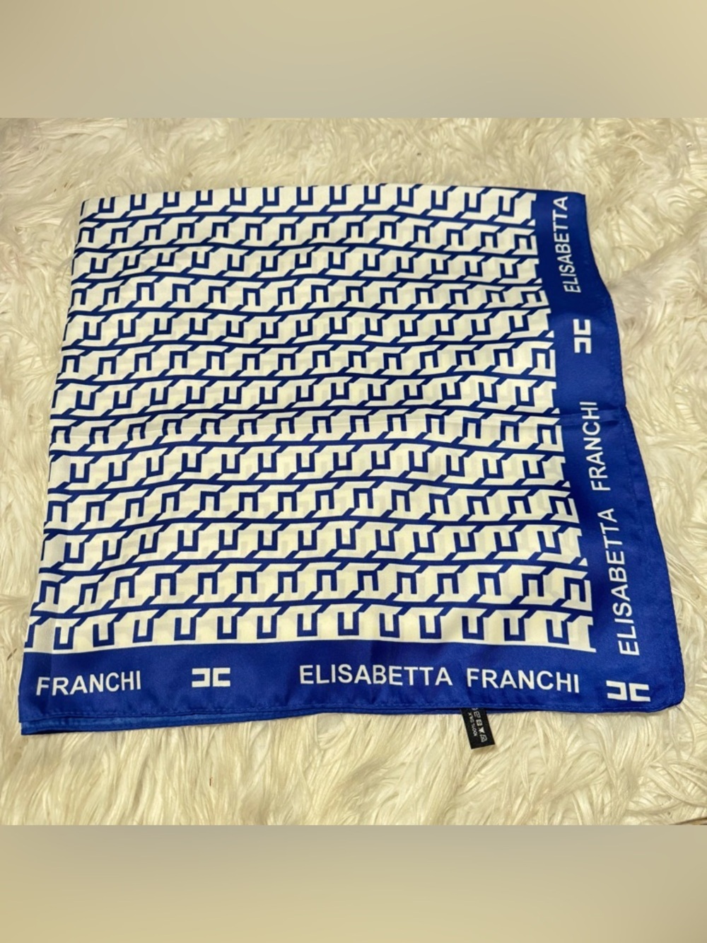 Elisabetta Franchi square print light blue silky twill scarf 35x35in‼️LAST ONE - Picture 2 of 8